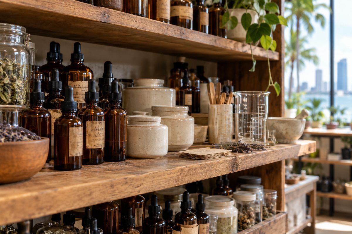 Pure Radiance apothecary shelves displaying batch-labeled formulation bottles and skincare jars