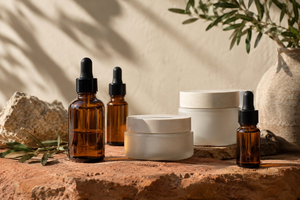 Amber glass dropper bottles and ceramic cosmetic skincare containers on terracotta stone