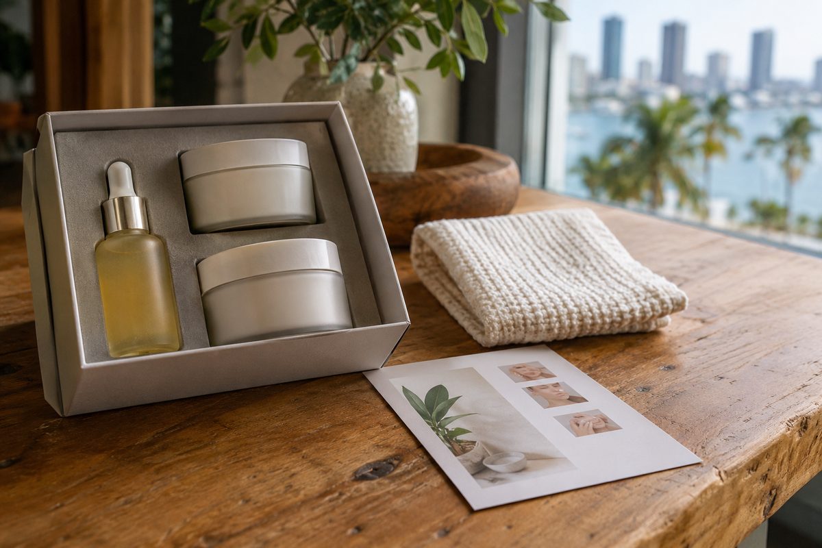 Complete home facial ritual system in custom boxed presentation on natural oak