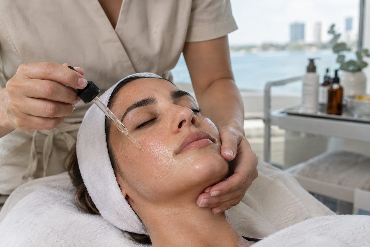 Professional facial skincare ritual session and manual skin evaluation in studio